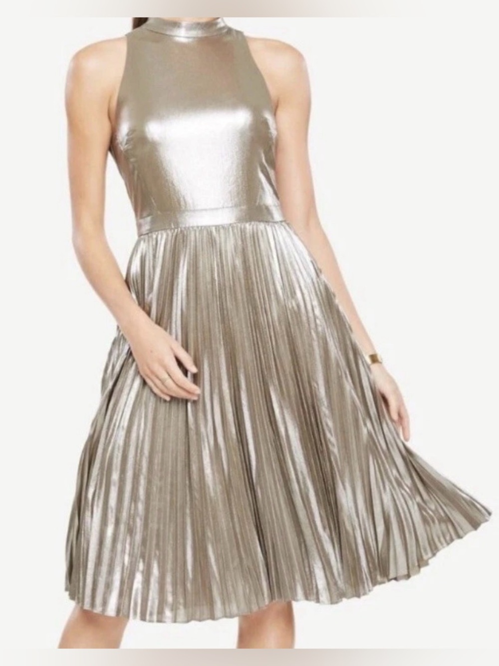 Ann Taylor Metallic Pleated Halter Dress A-Line Fit and Flare Womens Size 10